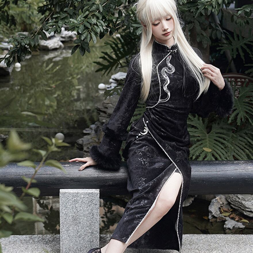 サブカル 服 地雷系 通販 チャイナ風 中華系 ドレス PUJI オリジナル ファー 刺繍 スリットスカート 秋冬服 中華ロリータ ダークファッション