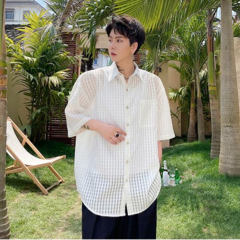 メンズ 半袖シャツ シアー 透け感 チェック柄模様 dark 黒ゴス クール