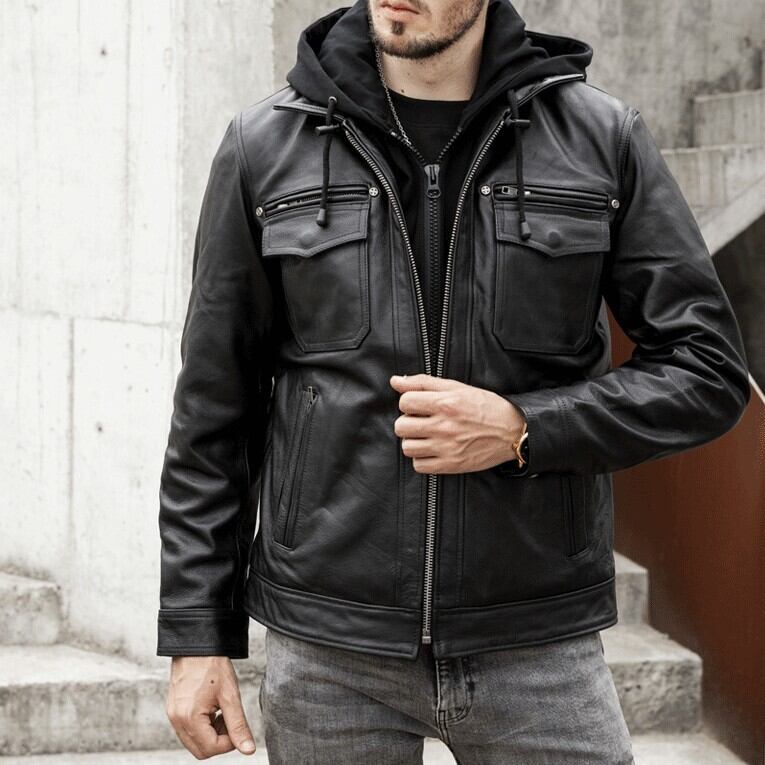 牛革マルチポケットフード付きバイカージャケット Bikers Space 牛革マルチポケットフード付きバイカージャケット Bikers Space