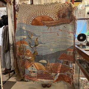 TOPANGA Homefurnishing town with Dolphin Throwket　イルカのいるまちスローケット　130×160cm　ブルー　シャチ　さかな　海　街並み　ソファカバー　ベッドカバー　ブランケット　カーテン