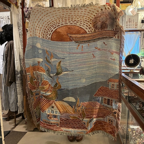 TOPANGA Homefurnishing town with Dolphin Throwket　イルカのいるまちスローケット　130×160cm　ブルー　シャチ　さかな　海　街並み　ソファカバー　ベッドカバー　ブランケット　カーテン