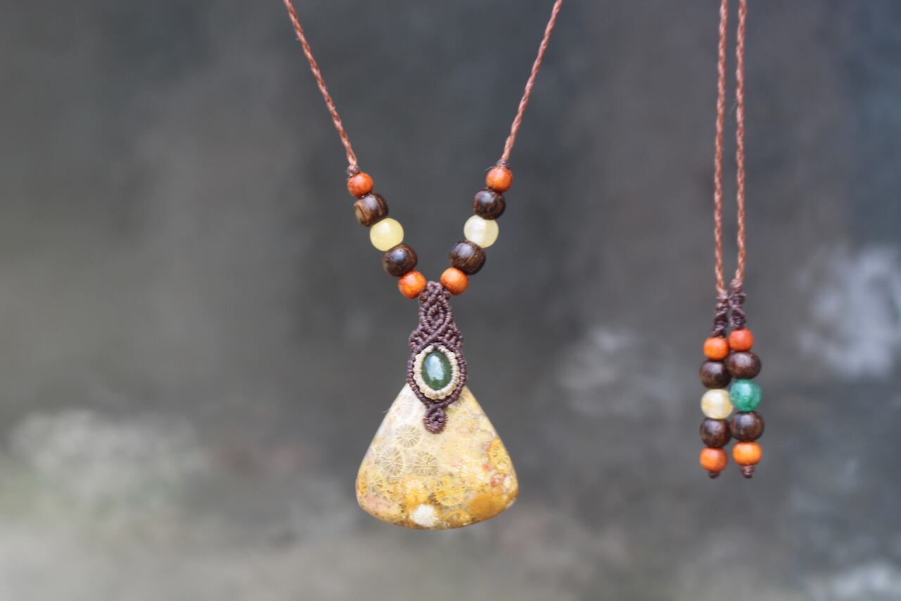 Fossil Coral & Green Tourmaline micro macrame woody pendant
