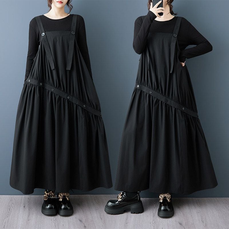 ASYMMETRIC STRAP TIERED LOOSE MIDI DRESS M-18408