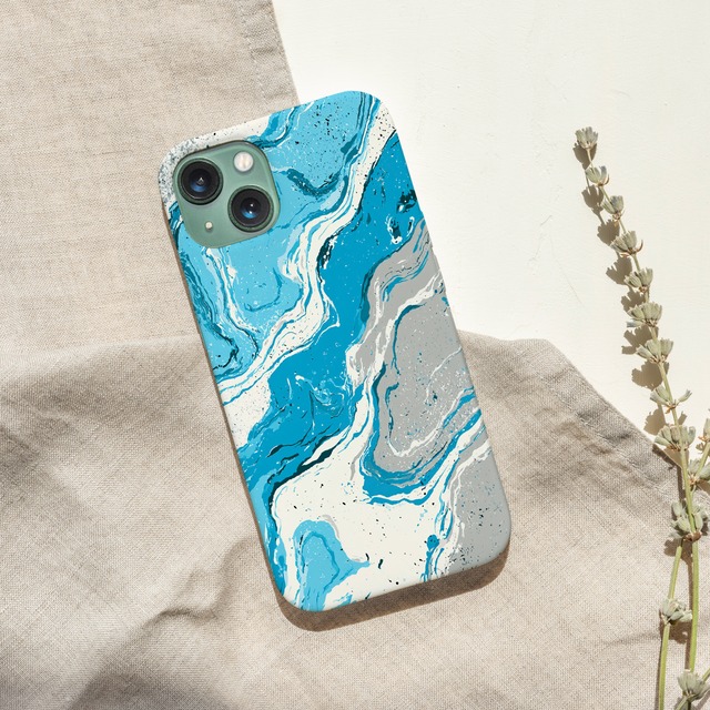 受注生産 iPhoneケース 水色と白の海流マーブル｜紙マーブリング MARB059C