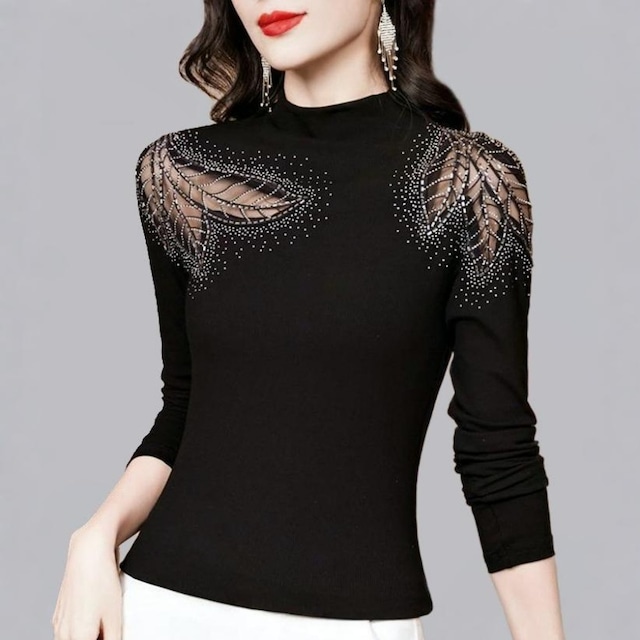 リーフカットアウト ビジュー スタンドカラー トップス 1col D00033