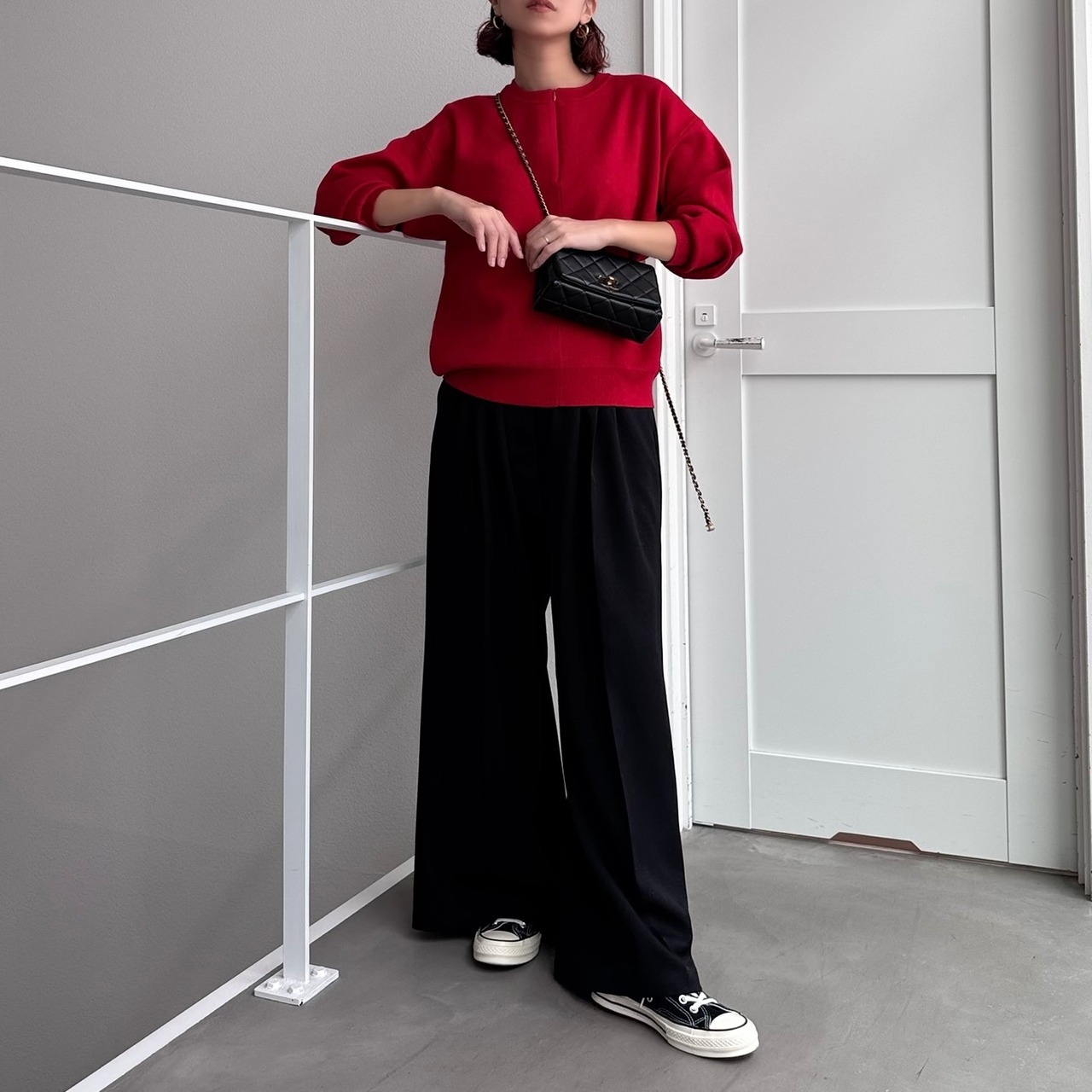 ノーカラーハーフジップニットPO/レッド