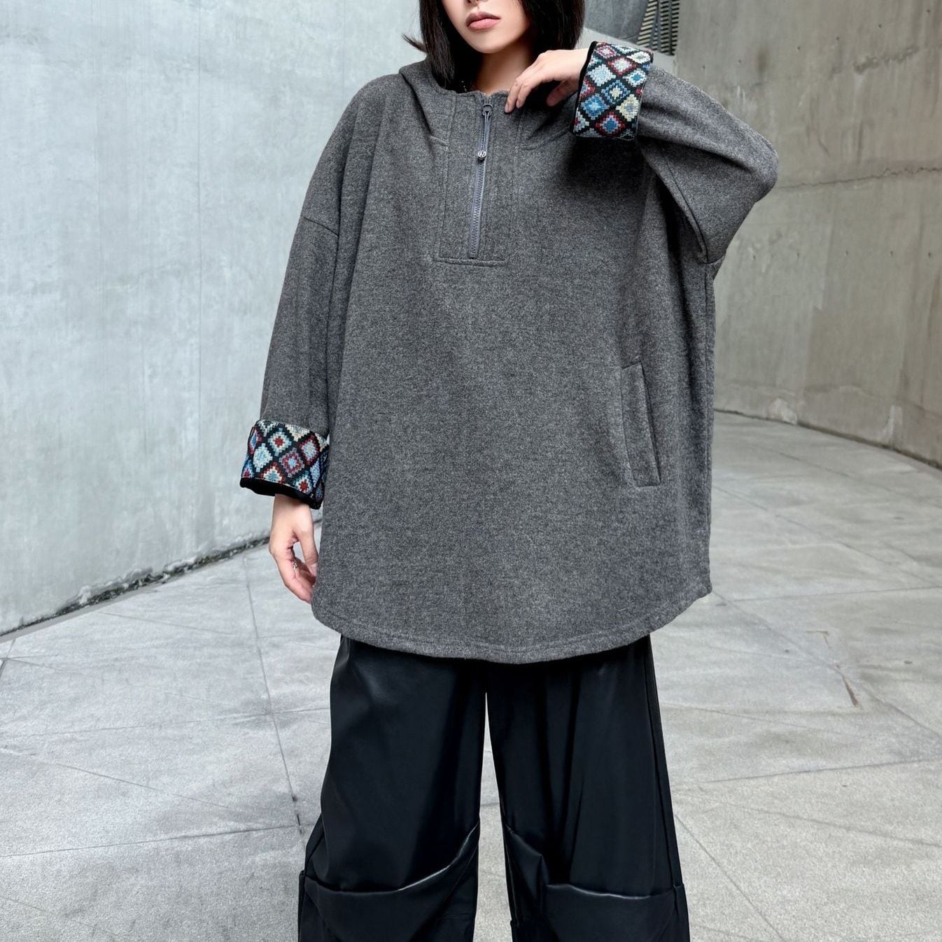 ETHNIC STITCH CUFFS HOODED HALF ZIP PULLOVER JACKET 2colors M-15263