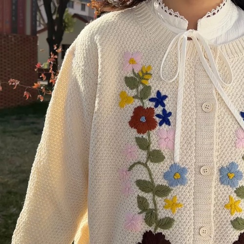 レトロフラワー刺繍ニットカーデ ・12060