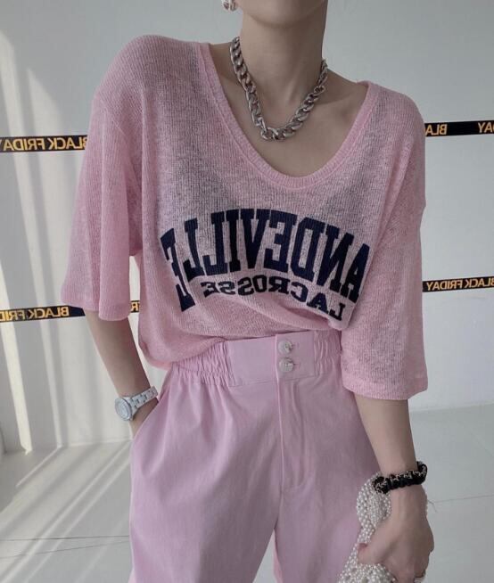 韓国風 chic トップス Tシャツ シースルー 夏新作 ニット クルーネック カジュアル