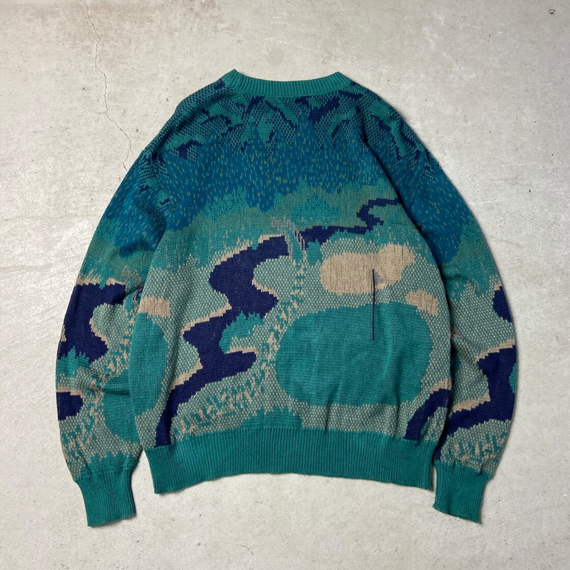 90年代 USA製 ISLE OF COTTON ゴルフ 総柄 コットンニットセーター 