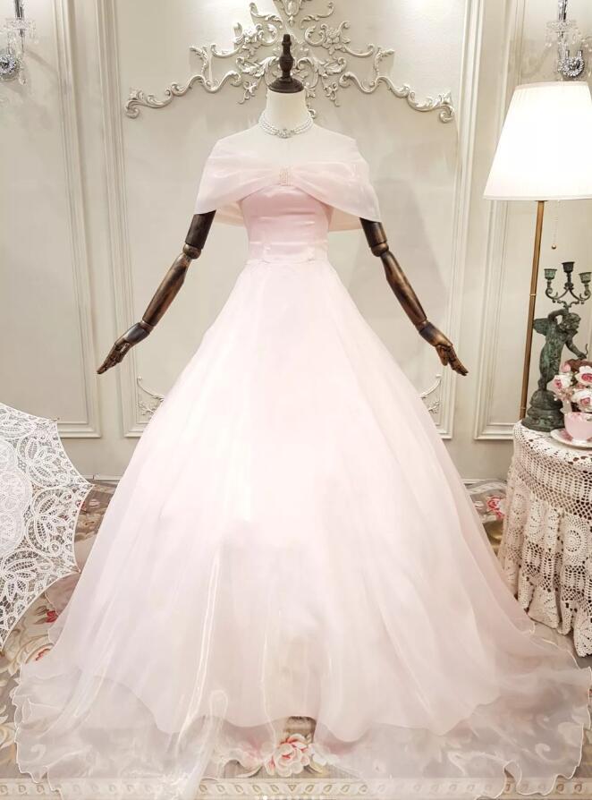 ウエディングドレス 上質オーガンジー 薄ピンク オフショルダー  