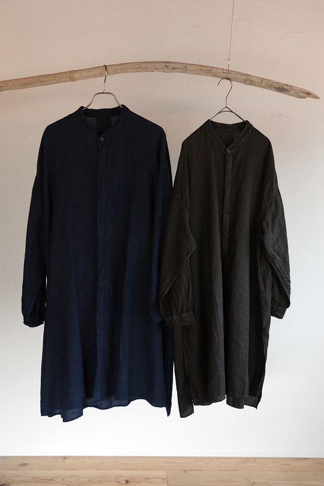 やわらか大麻ロングシャツ(草木濃染) (柿渋×墨/藍)　SH-85DC