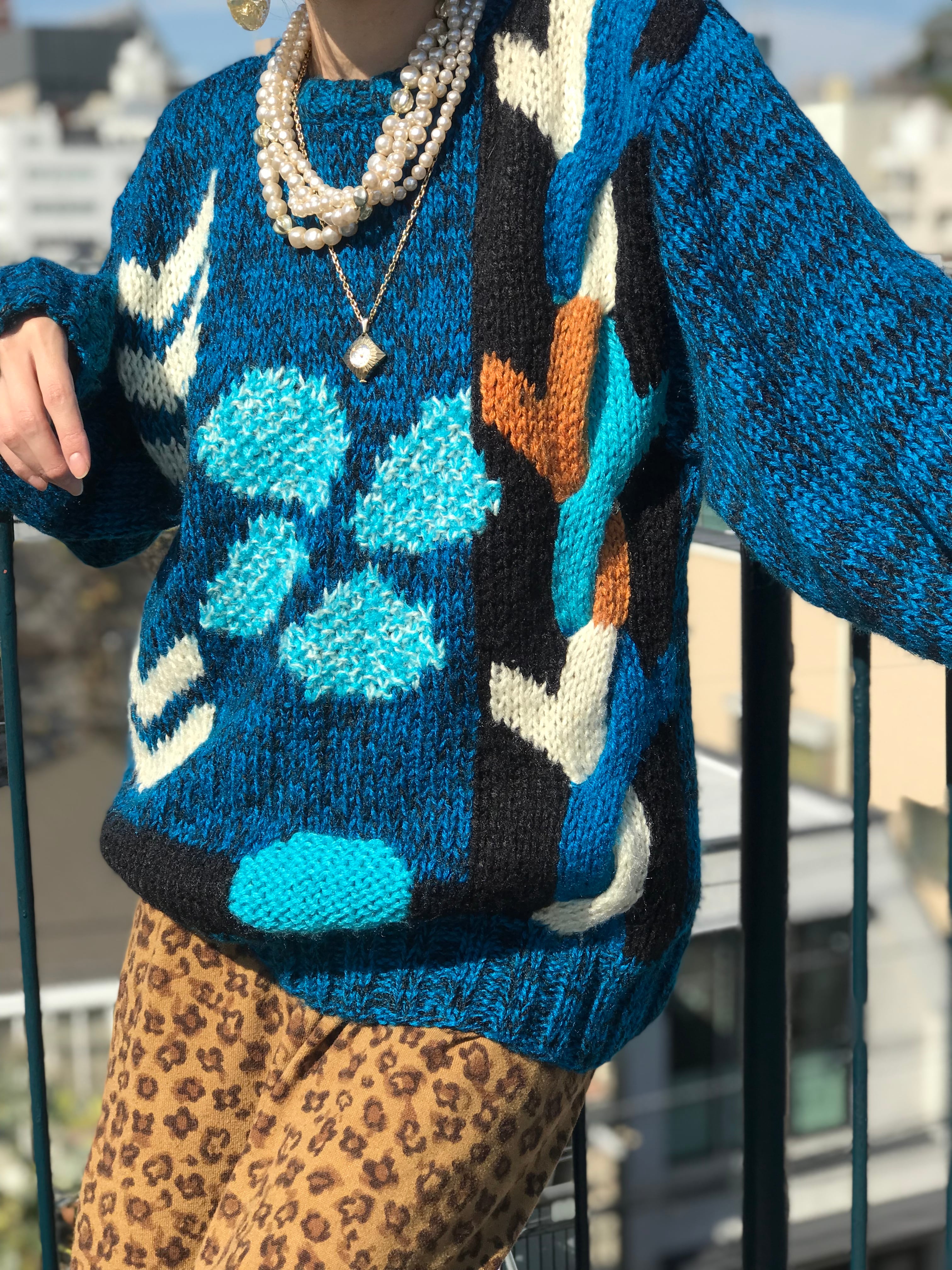 80s handmade floral wool knit tops ( ヴィンテージ ハンドメイド 