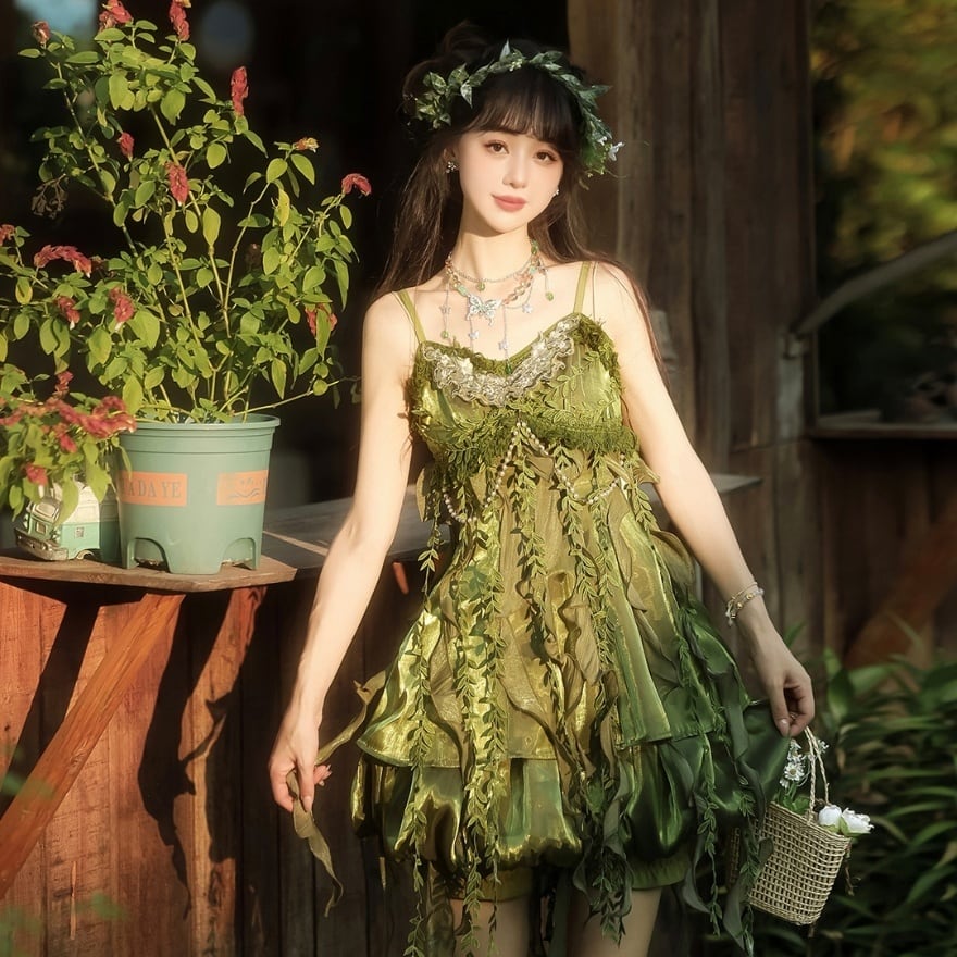 森ロリ フェアリー系 ガーリーセットアップ 妖精風グリーン ボレロ付き