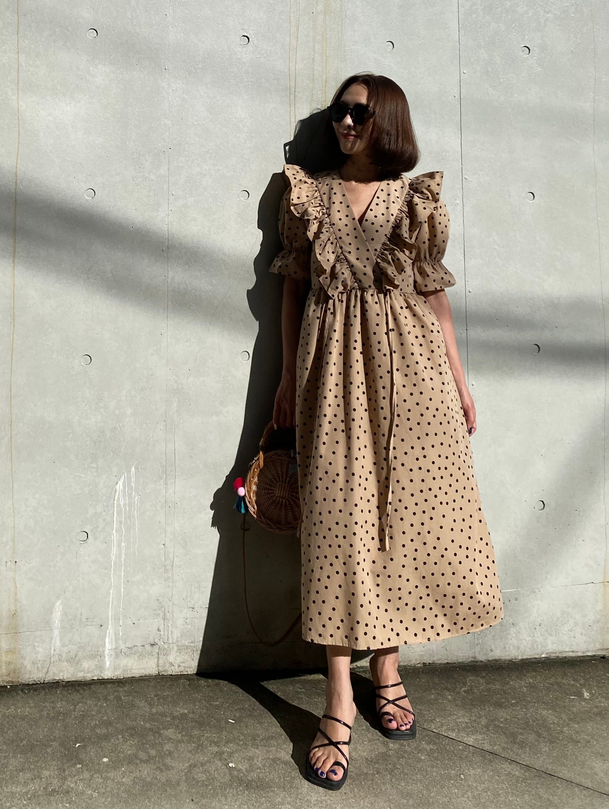 フリルドットワンピース (ベージュ) | セレクトショップベリンダ