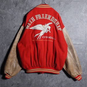 90s “O'NEILL” Red Melton x Leather Both Sides Design Design Stadium Jacket