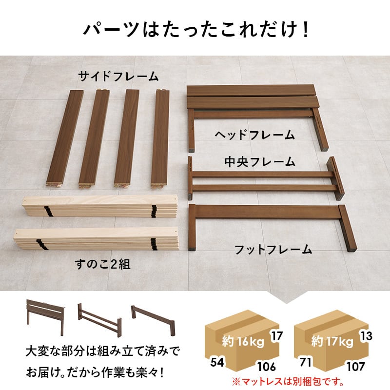 【組立式】耐荷重150kg 宮棚付きシングルベッド すのこフレーム ポケットコイルマットレスセット 2色展開 一人暮らし ワンルーム 幅100cm