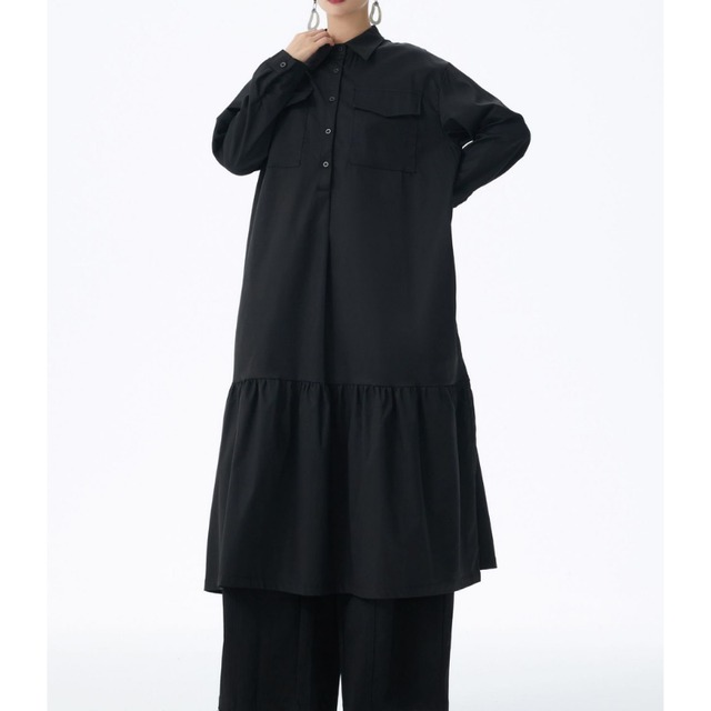 パッチポケット 長袖 ミモレ丈 シャツワンピース 2color ON0976