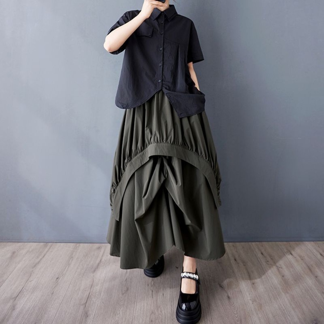 アシンメトリー ギャザーフレアスカート 00170