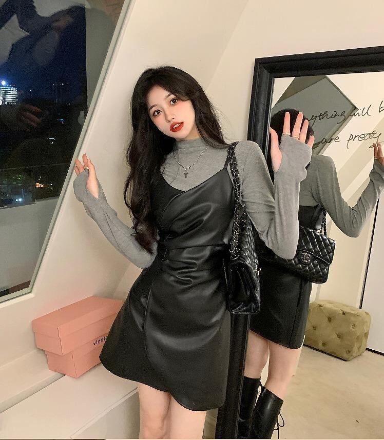 大きいサイズ エコレザー　ワンピース　レディース フェイク　秋冬　春 新品 長袖 大きいサイズ エコレザー ワンピース レディース フェイク 秋冬