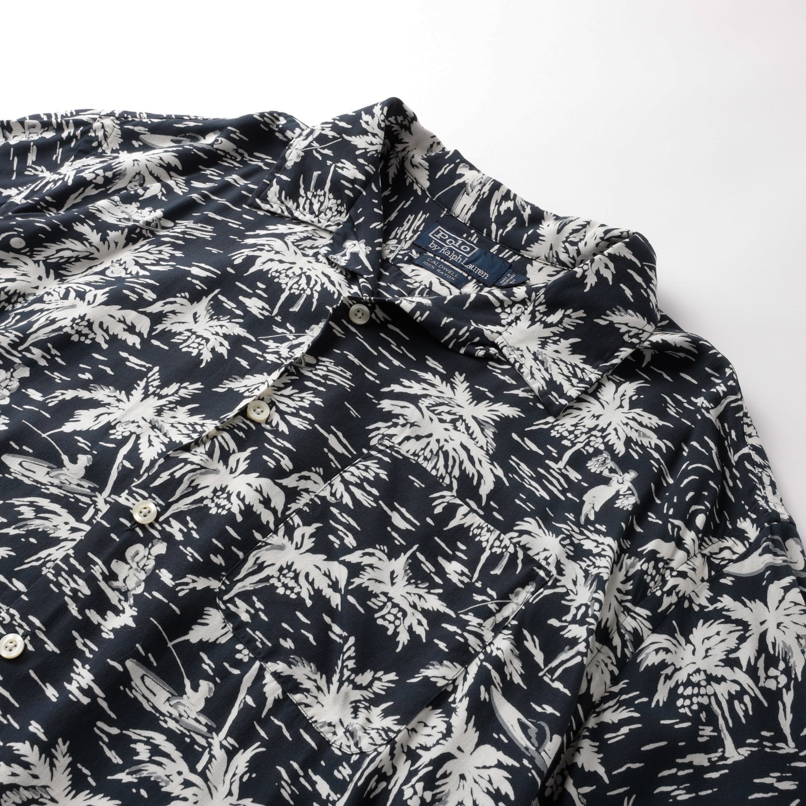 空*き様 デッドストック 黒白 レーヨン ralph lauren caldwe 未使用】90s Ralph Lauren special rayon open collar shirt big size