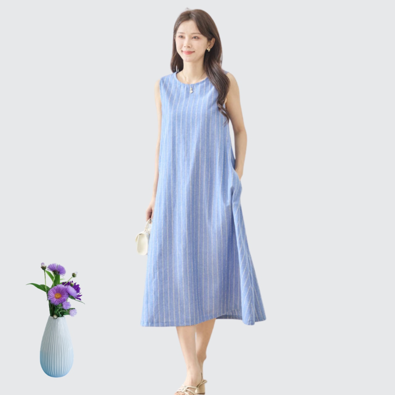 TRUBE Aラインノースリーブコットンマキシワンピース【M~L】ブルー