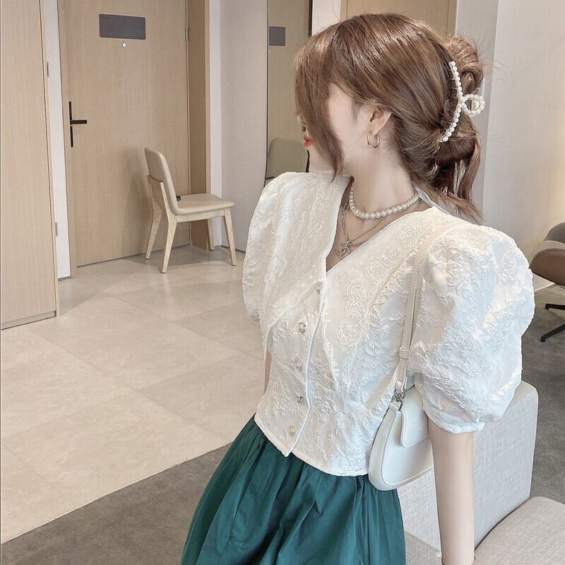 ショートホワイトスリーブVネックレーストップス オータムハイウェストウェストカジュアルAラインスカート 秋物 ガールズファッション66705481697