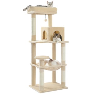 【在庫のみ】PETEPELA(ぺテぺラ) キャットタワー 猫タワー スリム 大型猫 据え置き 省スペース 登りやすい ハンモック 見晴台 ねこハウス ボンボン 天然麻紐 爪とぎ 運動不足解消 多頭飼い ベージュ 高さ143cm