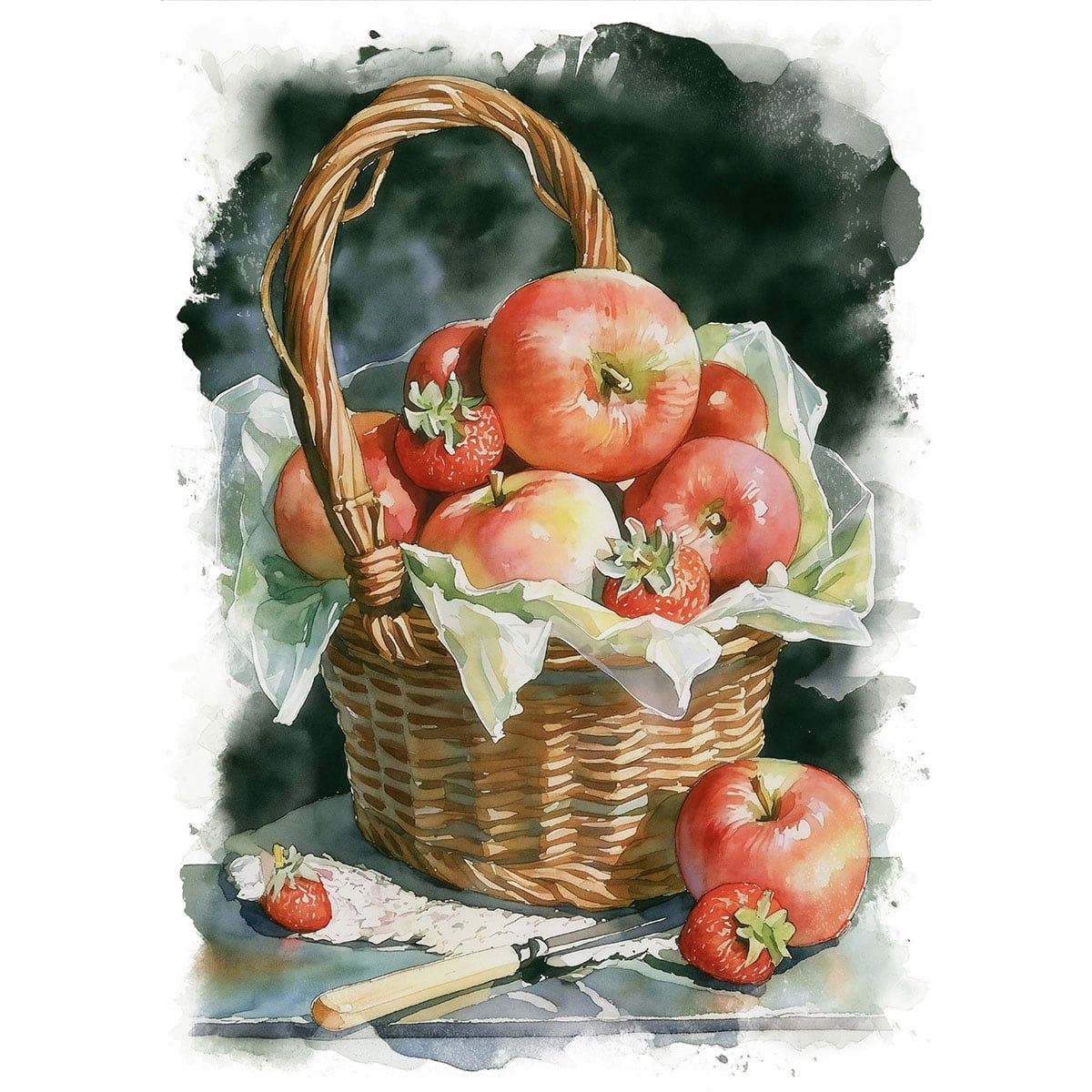 絵画 静物画 食べ物 リンゴ インテリアアート額付き 水彩画・油絵調