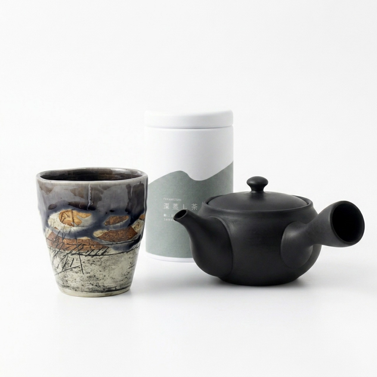 厳選【本格 日本茶セット】常滑急須 美濃焼湯呑み 静岡深蒸し茶 マットブラック