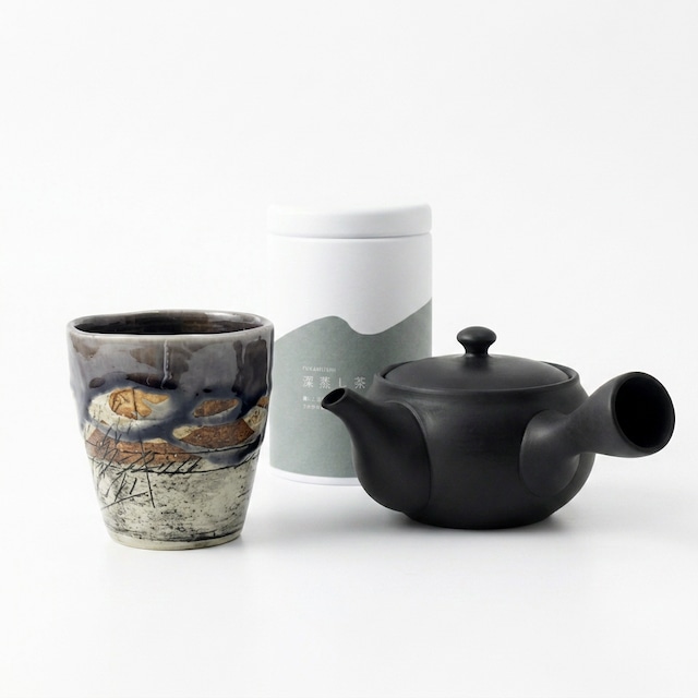 厳選【本格 日本茶セット】常滑急須 美濃焼湯呑み 静岡深蒸し茶 マットブラック
