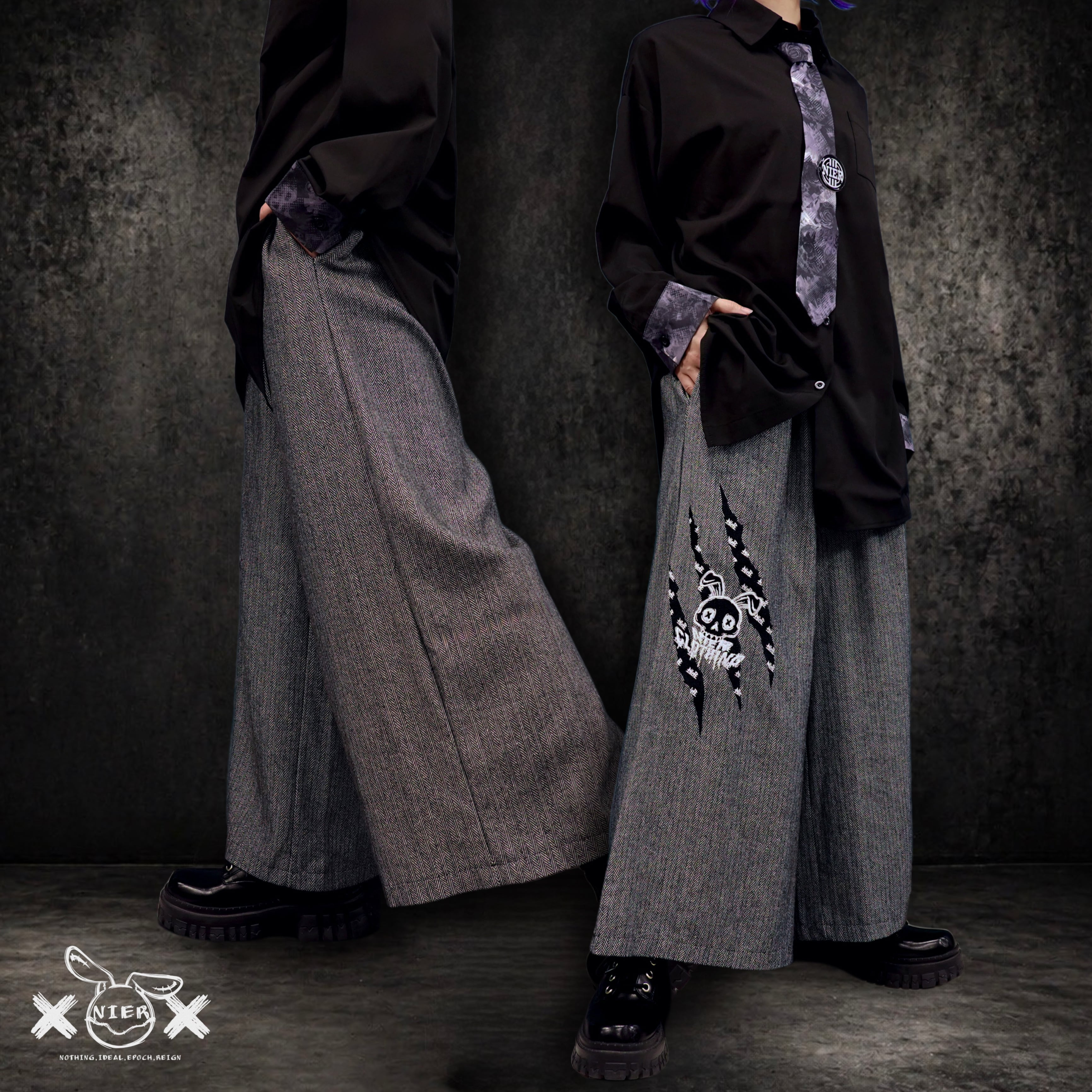 早い者勝ちSALE》高品質RABBIT SKULL HERRINGBONE WIDE PANTS -GRAY