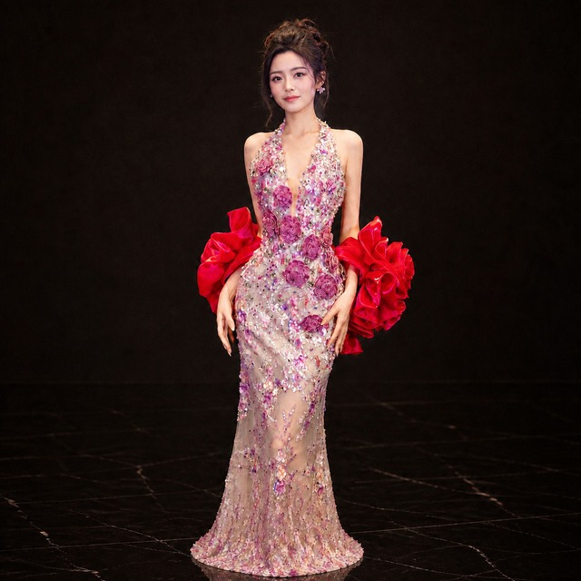 Sequin Decorated Embroidered Long Dress V3520