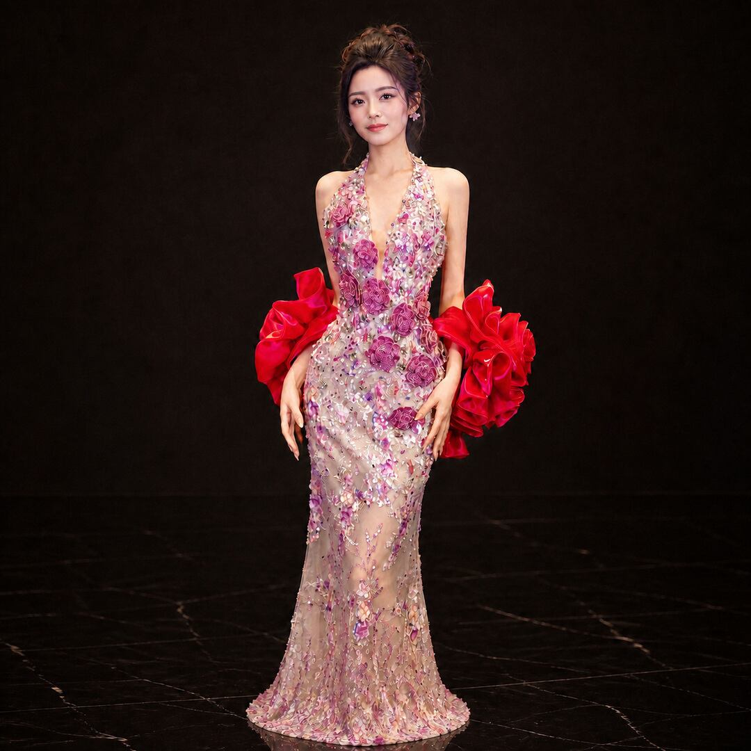 Sequin Decorated Embroidered Long Dress V3520
