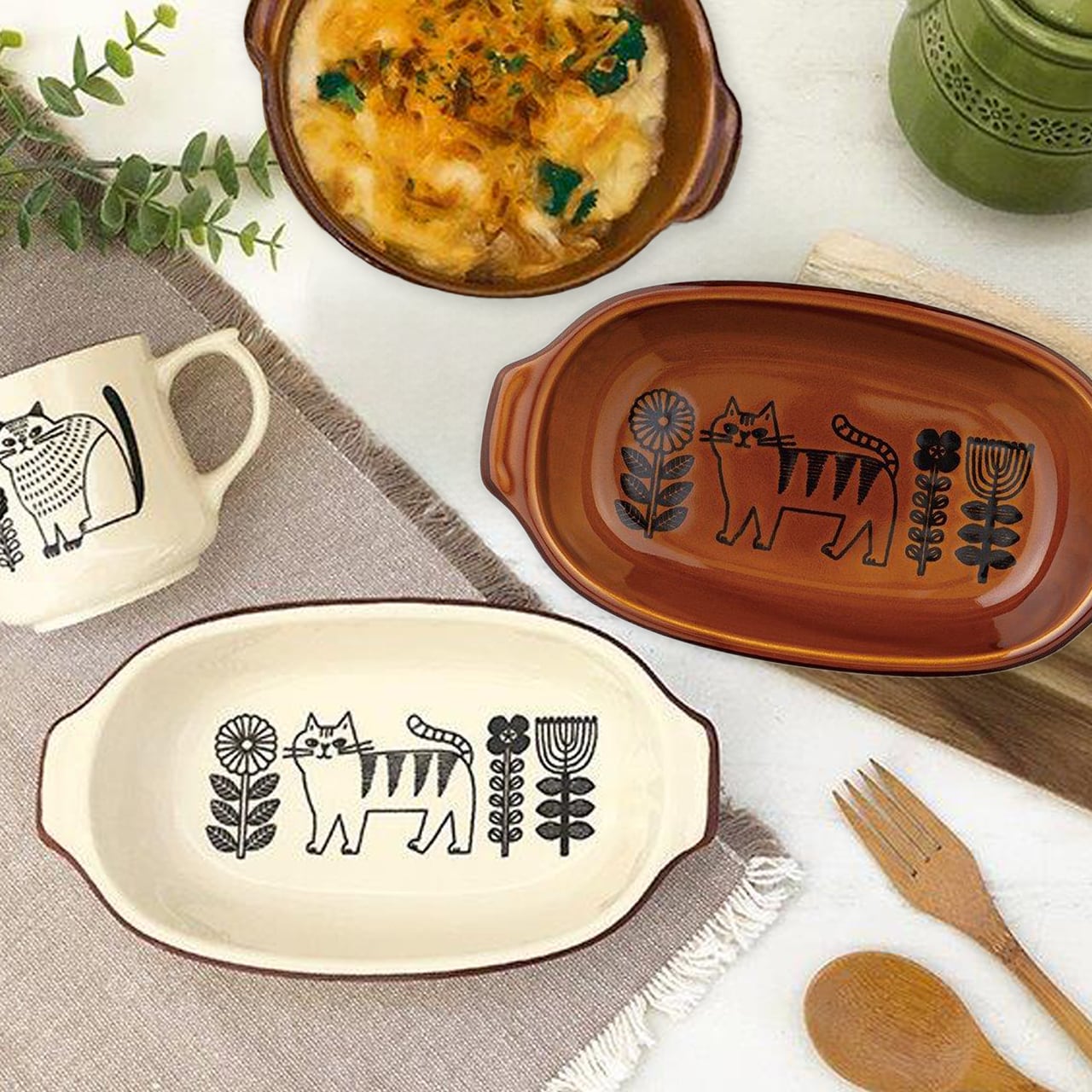 猫柄 グラタン皿 オーバル 日本製 萬古焼 お皿 FIKA 猫好き プレゼント