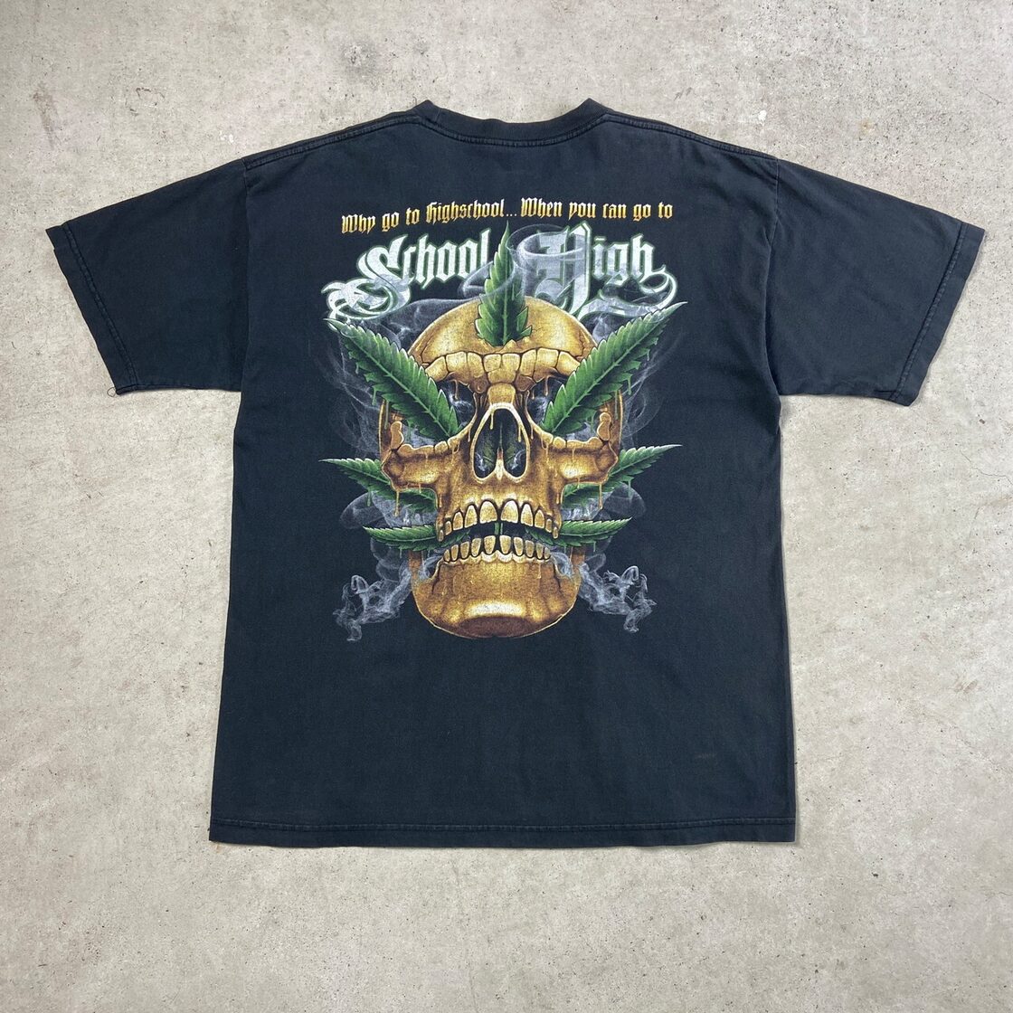 90年代 SCHOOL HIGH スカル マリファナ 両面プリントTシャツ メンズXL 