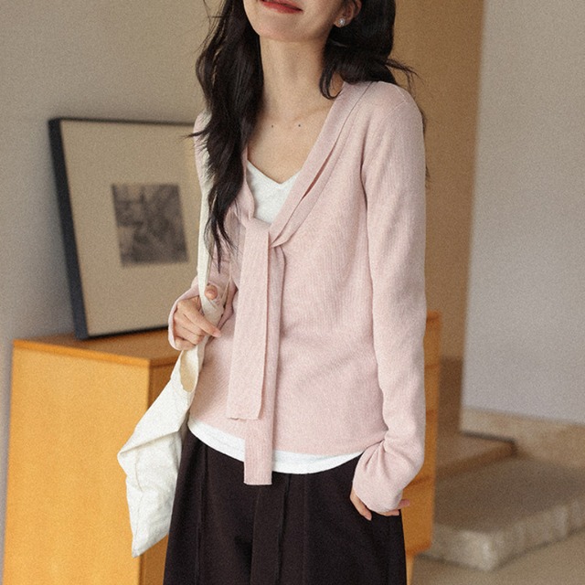 neck-ribbon layered knit top　J00420