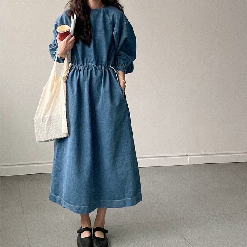 drawstring long sleeve denim one-piece m0117