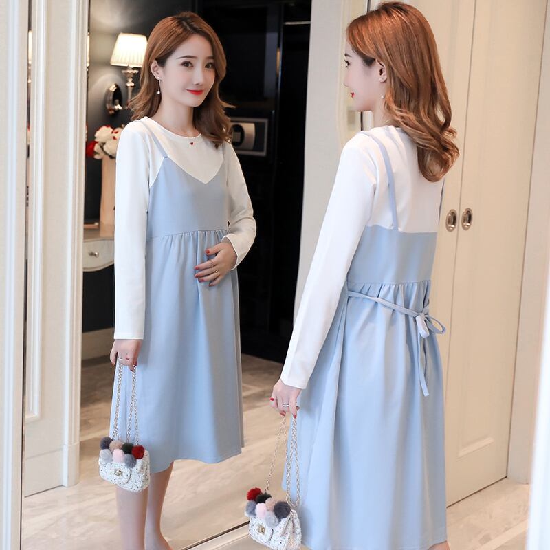 【新作】【送料無料】 9057＃SweetPachworkコットンマタニティドレスネクタイウエストルーズウェア妊婦長袖秋春妊娠ウェア ロング 大人ガーリー スウィート キュート カジュアル スプリング 春物 オータム 秋物 AL expec34960226326