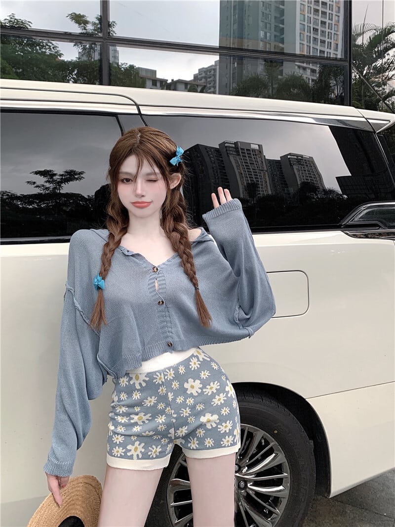 ヤーンニットカーディガンワイドレッグショーツ セット サマー ストリート 大人ガーリー スウィート キュート カジュアル 夏物 ブルマー ワイドパンツ ブラックストロベリース50878100196