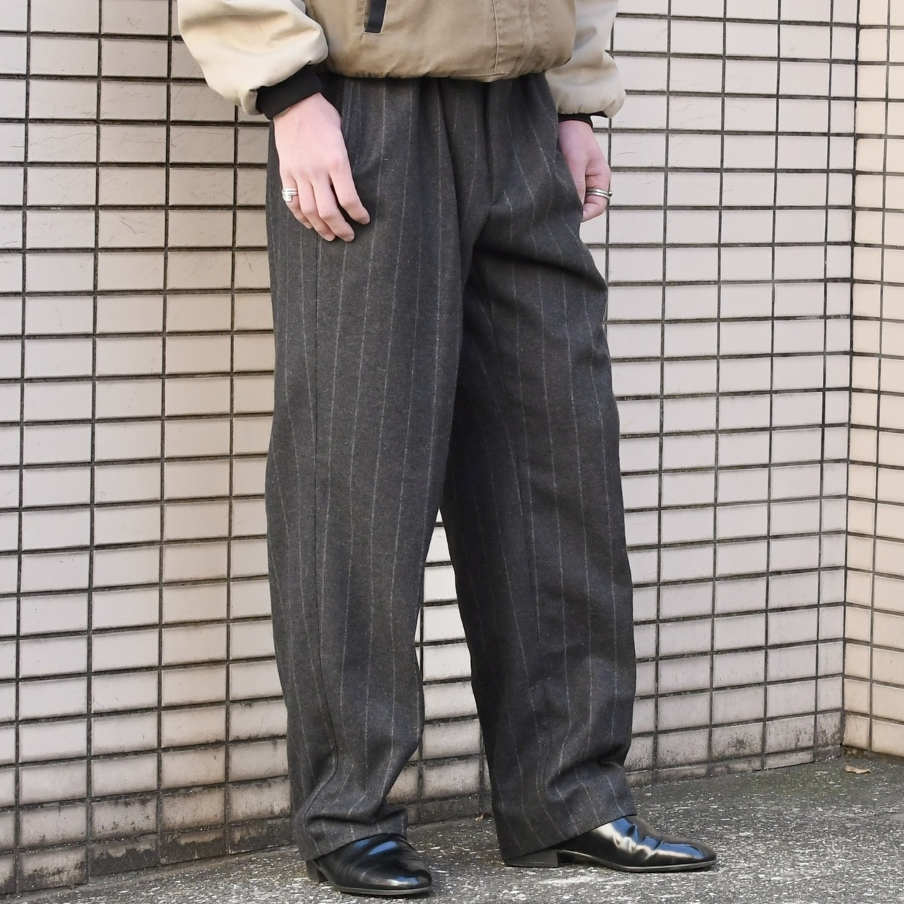 wool stripe slacks charcoal gray