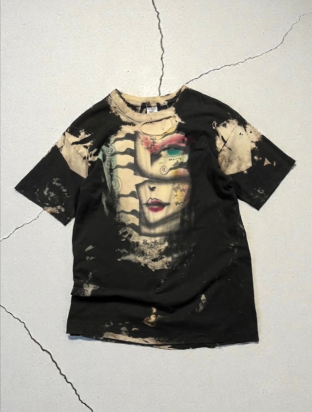 ［90s］FRUIT OF THE LOOM All Over Art Woman Face Abstract Distressed Graphic Black T-Shirts