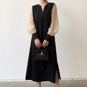 シルクシフォンチュニックドレス［Beige,Black］