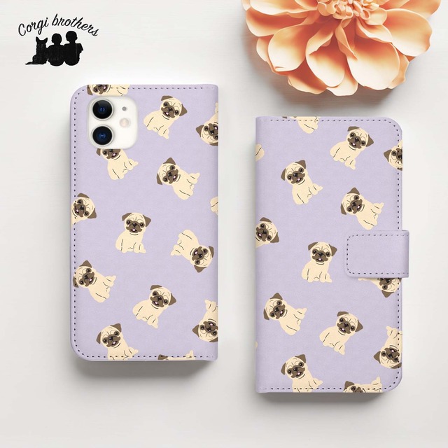 【 パグ パターン柄 】 手帳 スマホケース　犬　うちの子　プレゼント　iPhone & Android