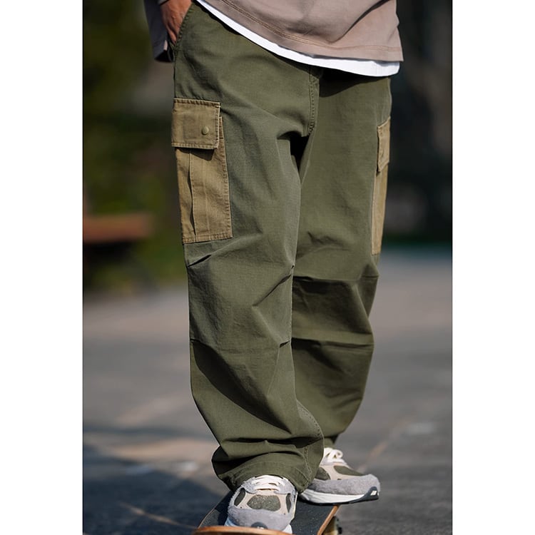 ★COLOR BLOCK MULTI-POCKET STRAIGHT PANTS　　　A0721