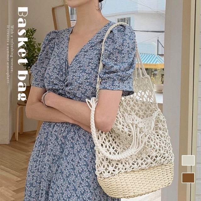 【日本倉庫即納】 かごバッグ 夏 透かし編み バケツバッグ