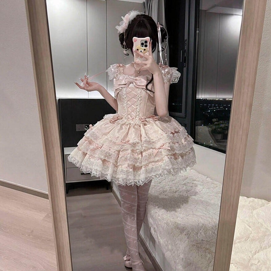 甘ロリ ドレス ふんわりお姫様シルエットフリル多段ティアード リボン
