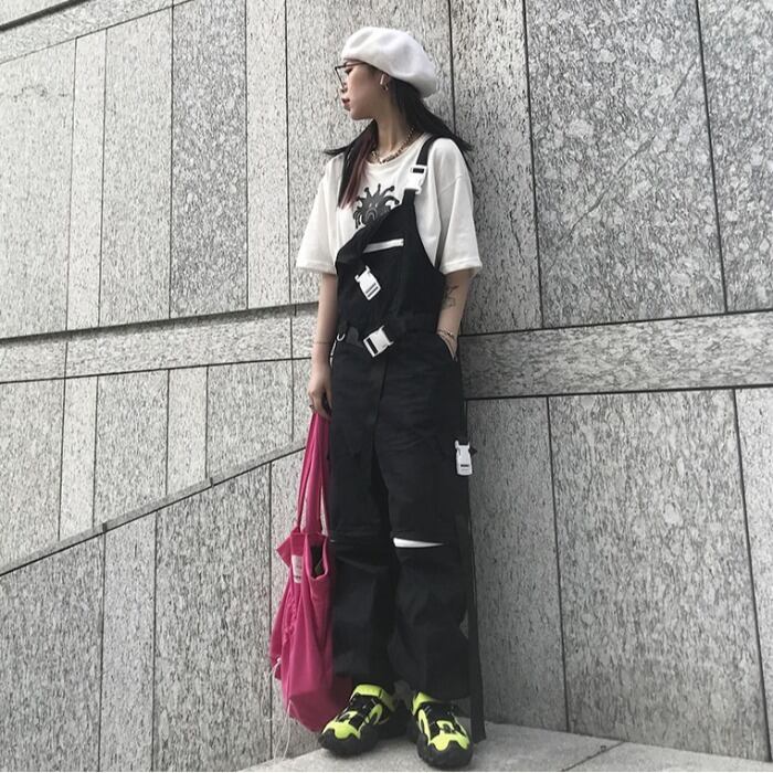 ダークブラックルーズオーバーオール スタイルカジュアルジーンズ ジャンパー かわいい ケッペル76534730986