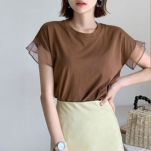 袖チュール Tシャツ レディース 春夏 韓国 きれいめ 大人 かわいい おしゃれ シンプル カジュアル フェミニン 半袖 無地 トップス 大人可愛い 大人女子
