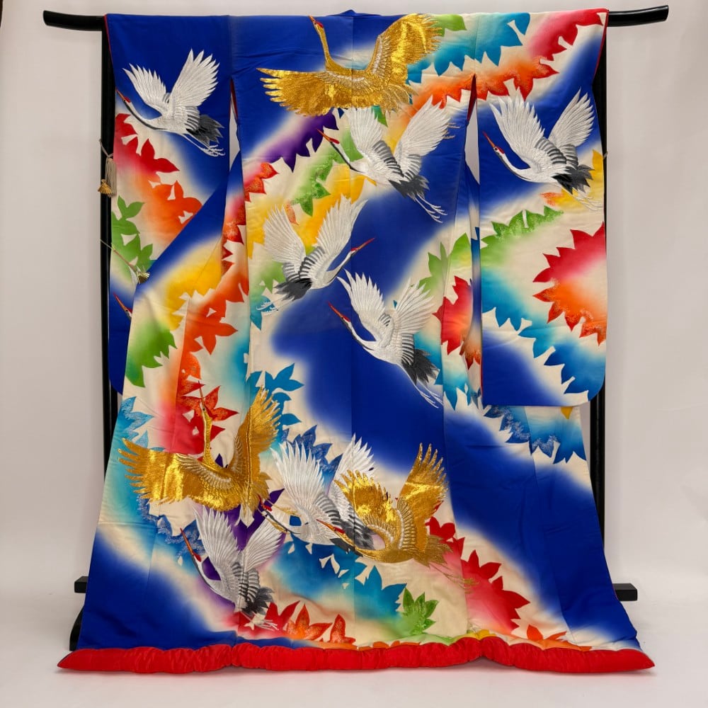 色打掛 正絹 鶴 刺繍 青 打掛 花嫁衣裳 ポリエステル リサイクル 中古 ブライダル ウエディング 着物 6108
